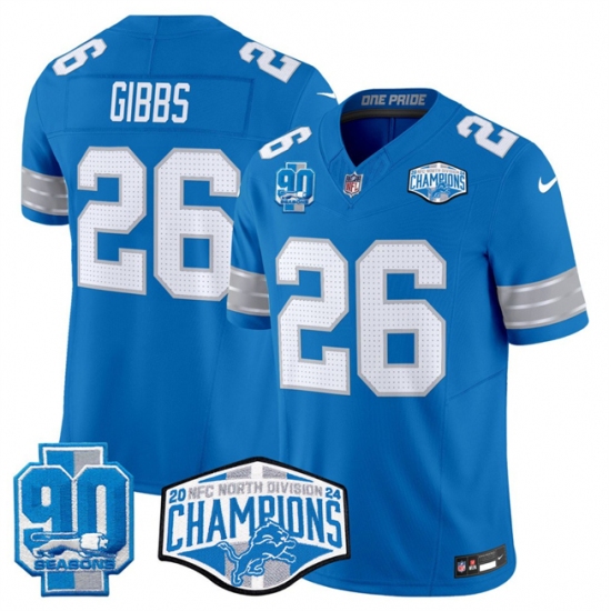 Men's Detroit Lions #26 Jahmyr Gibbs Blue 2024 NFC North Champions 90th Anniversary F.U.S.E. Vapor Limited Stitched Jersey - Ujersey