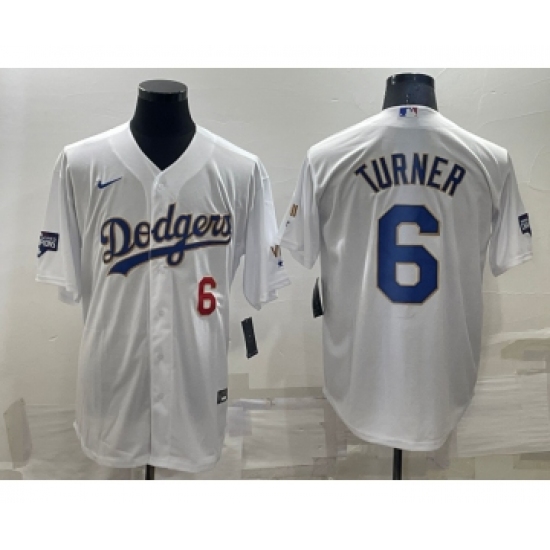 Men's Los Angeles Dodgers #6 Trea Turner Number White Gold Championship Stitched MLB Cool Base Nike Jersey - Ujersey