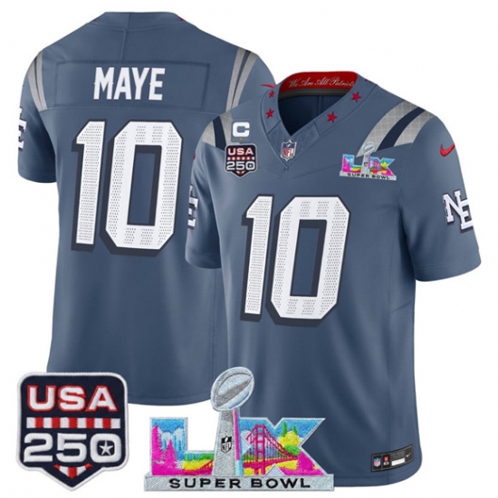 Men's New England Patriots #10 Drake Maye Storm Blue 2025 F.U.S.E. 1-Star C And Super Bowl LX & USA 250“Rivalries” Vapor Limited Football Stitched Jersey - Ujersey