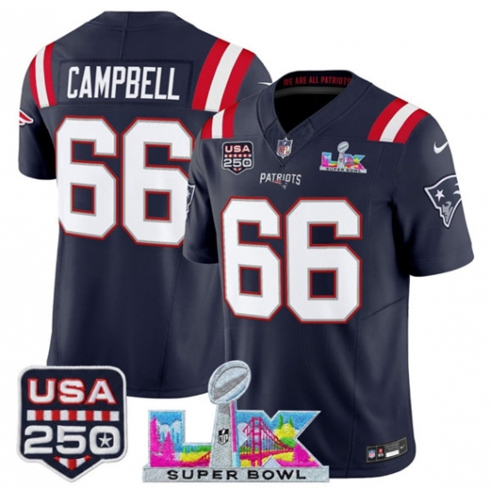 Men's New England Patriots #66 Will Campbell Navy 2025 F.U.S.E. Super Bowl LX And USA 250 Vapor Limited Football Stitched Jersey - ujerseystore