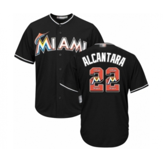 Men's Miami Marlins #22 Sandy Alcantara Authentic Black Team Logo Fashion Cool Base Baseball Jersey - Ujersey