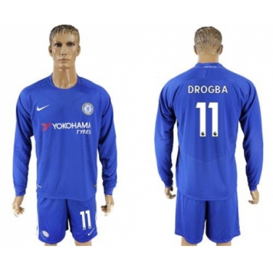 Chelsea #11 Drogba Home Long Sleeves Soccer Club Jersey