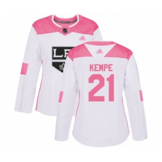 Women's Los Angeles Kings #21 Mario Kempe Authentic White Pink Fashion Hockey Jersey - Ujersey
