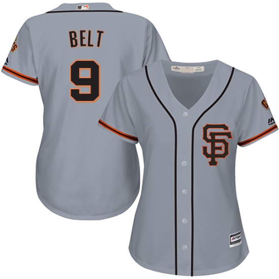 Women's Majestic San Francisco Giants #9 Brandon Belt Authentic Grey Road 2 Cool Base MLB Jersey - Ujersey