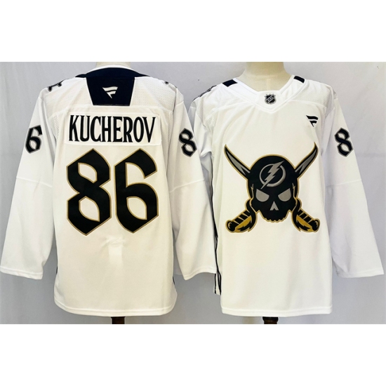 Men's Tampa Bay Lightning #86 Nikita Kucherov 2024-25 White Gasparilla Inspired Pirate-Themed Warmup Stitched Jersey - Ujersey