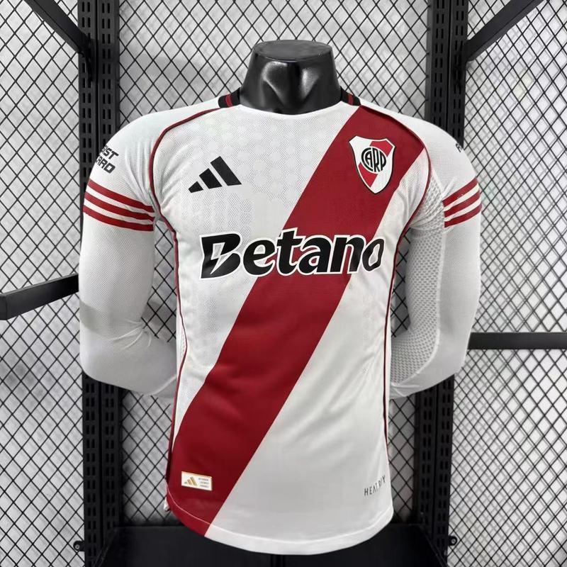 River Plate Soccer Jersey Home Long Sleeve Shirt 2025/26 - With Sponsors - Ujersey NHL