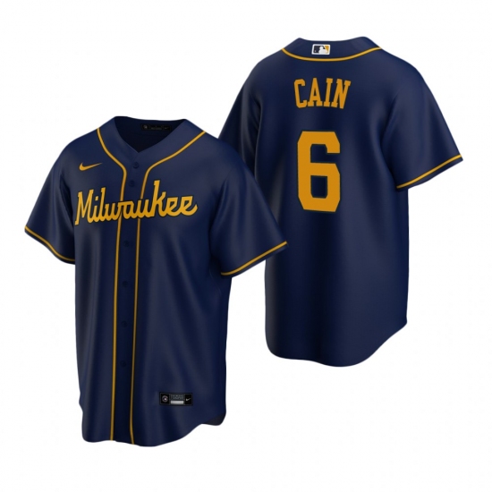 Men's Nike Milwaukee Brewers #6 Lorenzo Cain Navy Alternate Stitched Baseball Jersey - Ujersey