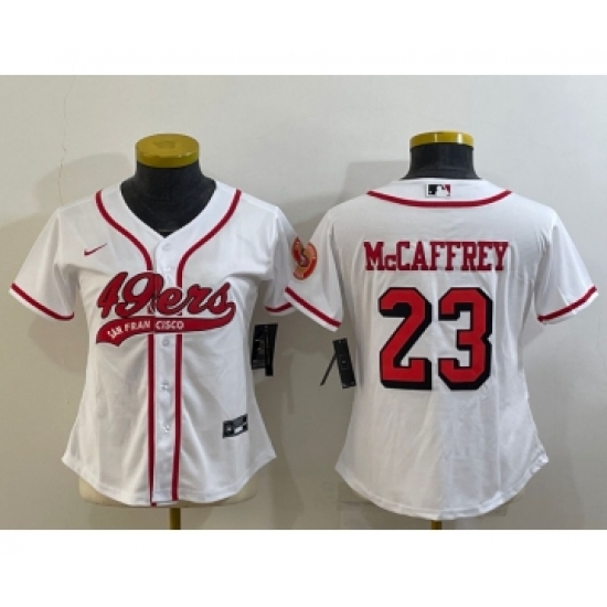 Women's San Francisco 49ers #23 Christian McCaffrey White Color Rush With Patch Cool Base Stitched Baseball Jersey - Ujersey
