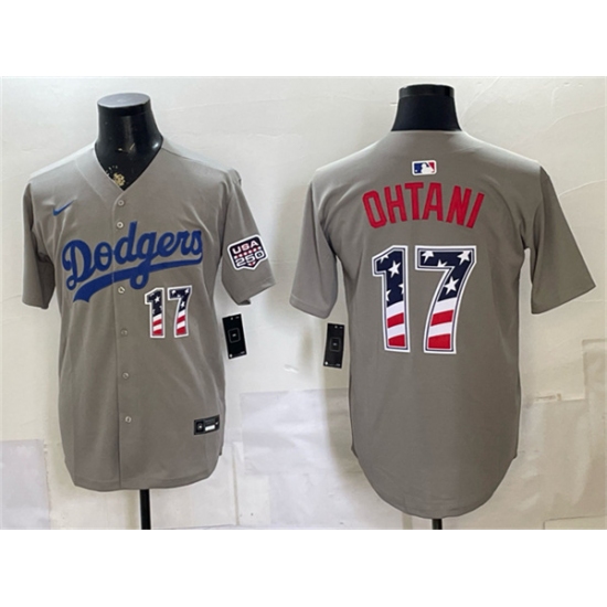 Men's Los Angeles Dodgers #17 Shohei Ohtani Gray 250 Fourth of July Road Stitched Baseball Jersey - Ujersey