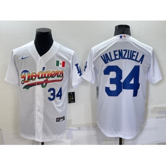 Men's Los Angeles Dodgers #34 Fernando Valenzuela Rainbow Blue White Mexico Cool Base Nike Jersey - Ujersey
