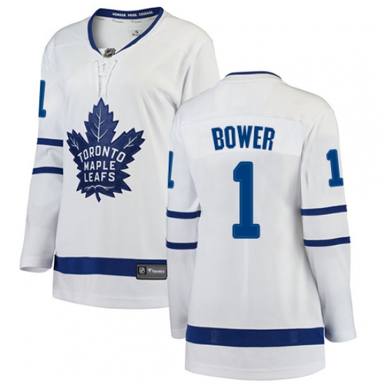 Women's Toronto Maple Leafs #1 Johnny Bower Authentic White Away Fanatics Branded Breakaway NHL Jersey - Ujersey
