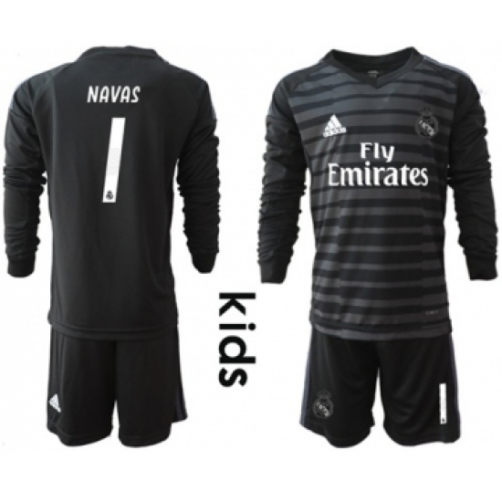 Real Madrid #1 Navas Black Goalkeeper Long Sleeves Kid Soccer Club Jersey
