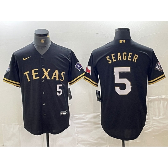 Men's Texas Rangers #5 Corey Seager Number Black Gold Cool Base Stitched Baseball Jersey - Ujersey