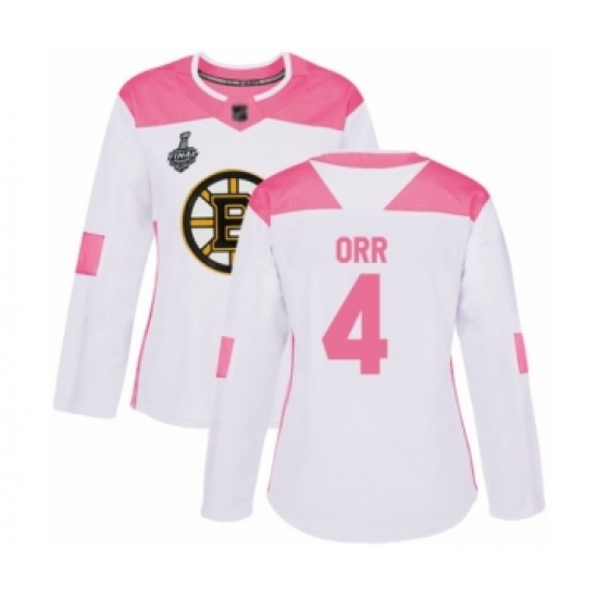 Women's Boston Bruins #4 Bobby Orr Authentic White Pink Fashion 2019 Stanley Cup Final Bound Hockey Jersey - Ujersey