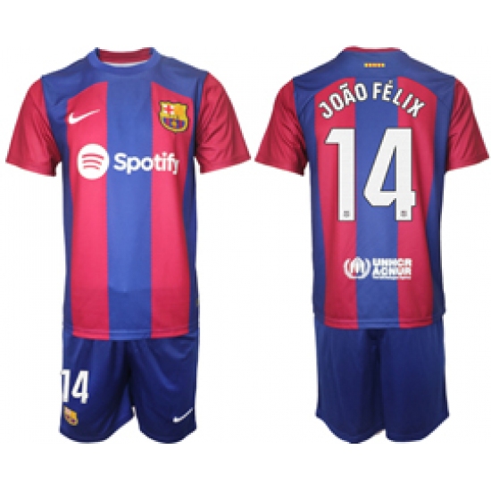 Men's Barcelona #14 Joao Felix Blue Red 2023-24 Home Soccer Jersey