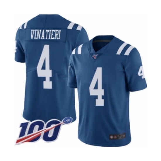 Men's Indianapolis Colts #4 Adam Vinatieri Limited Royal Blue Rush Vapor Untouchable 100th Season Football Jersey - Ujersey