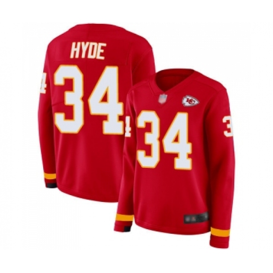 Women's Kansas City Chiefs #34 Carlos Hyde Limited Red Therma Long Sleeve Football Jersey - Ujersey