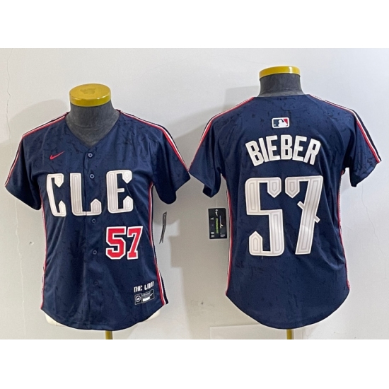 Women's Cleveland Guardians #57 Shane Bieber Number Navy 2024 City Connect Limited Stitched Jerseys - Ujersey