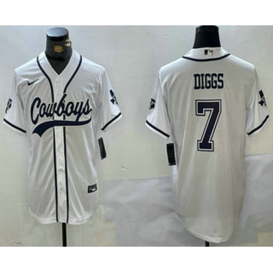 Men's Dallas Cowboys #7 Trevon Diggs White With Navy Name Cool Base Stitched Baseball Jersey - Ujersey
