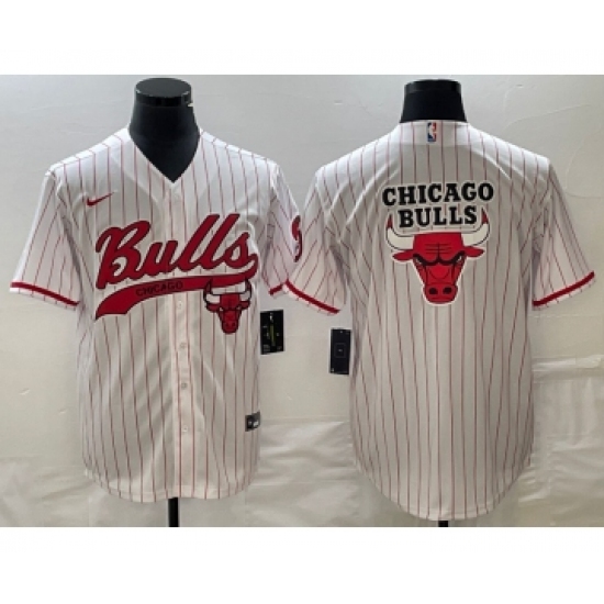 Men's Chicago Bulls Blank White Pinstripe Cool Base Stitched Baseball Jersey - Ujersey