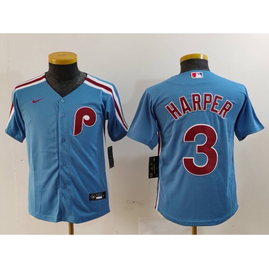 Youth Philadelphia Phillies #3 Bryce Harper Light Blue Cooperstown Cool Base Jersey - Ujersey