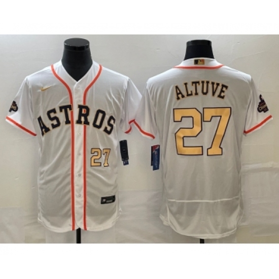 Men's Houston Astros #27 Jose Altuve Number 2023 White Gold World Serise Champions Flex Base Stitched Jersey - Ujersey