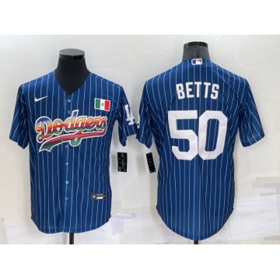 Men's Los Angeles Dodgers #50 Mookie Betts Rainbow Blue Red Pinstripe Mexico Cool Base Nike Jersey - Ujersey