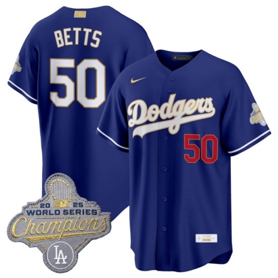 Men's Los Angeles Dodgers #50 Mookie Betts Royal 2026 Alternate Gold Collection Stadium Stitched Baseball Jersey - Ujersey