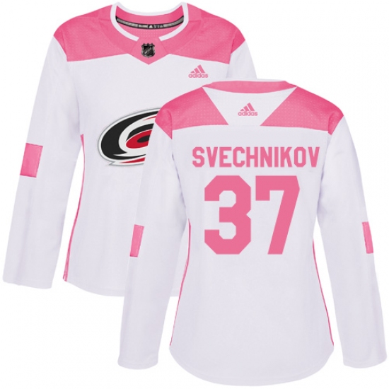 Women's Adidas Carolina Hurricanes #37 Andrei Svechnikov Authentic White Pink Fashion NHL Jersey - Ujersey