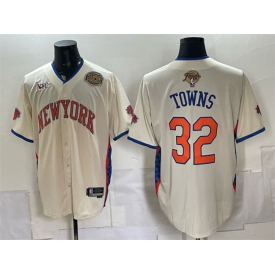 Men's New York Knicks #32 Karl-Anthony Towns Cream 2026 Finals & Eastern Conference Champions Stitched Baseball Jersey - Ujersey