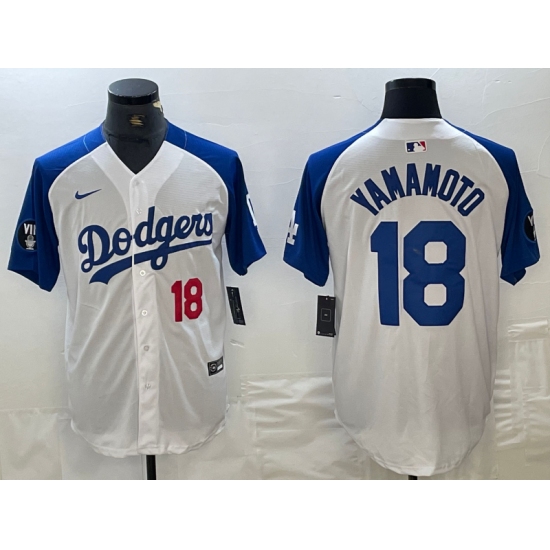Men's Los Angeles Dodgers #18 Yoshinobu Yamamoto Number White Blue Fashion Stitched Cool Base Limited Jersey - Ujersey
