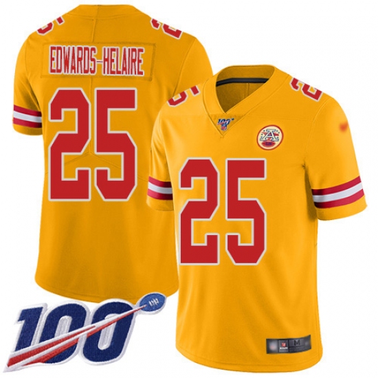 Men's Kansas City Chiefs #25 Clyde Edwards-Helaire Gold Stitched Limited Inverted Legend 100th Season Jersey - Ujersey