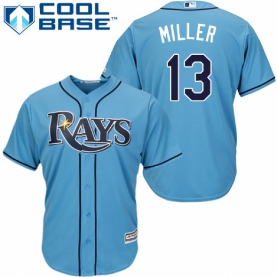 Youth Majestic Tampa Bay Rays #13 Brad Miller Authentic Light Blue Alternate 2 Cool Base MLB Jersey - Ujersey