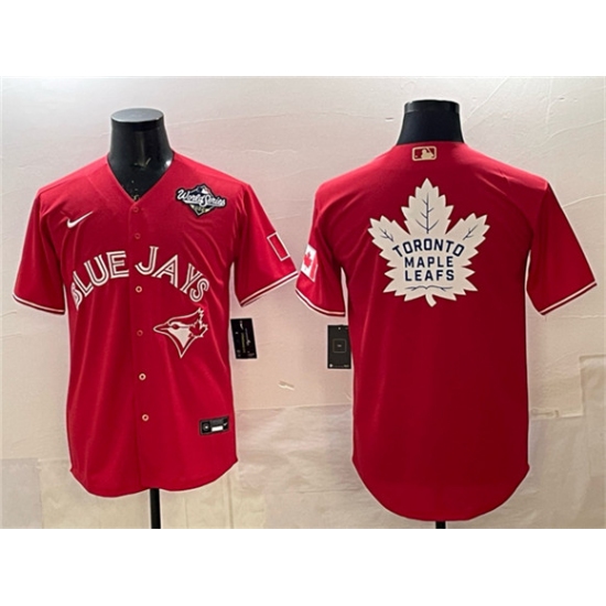 Men's Toronto Blue Jays & Leafs Red 2025 World Series With White Leafs Logo Cool Base Stitched Baseball Jersey