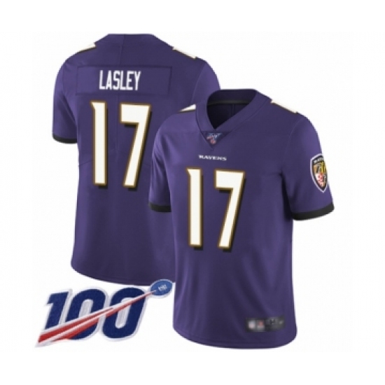 Men's Baltimore Ravens #17 Jordan Lasley Purple Team Color Vapor Untouchable Limited Player 100th Season Football Jersey - Ujersey