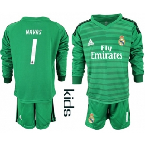 Real Madrid #1 Navas Green Goalkeeper Long Sleeves Kid Soccer Club Jersey