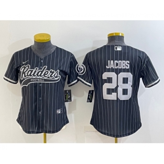 Women's Las Vegas Raiders #28 Josh Jacobs Black Team Big Logo With Patch Cool Base Stitched Baseball Jersey - Ujersey