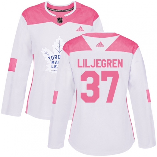 Women's Adidas Toronto Maple Leafs #37 Timothy Liljegren Authentic White Pink Fashion NHL Jersey - Ujersey