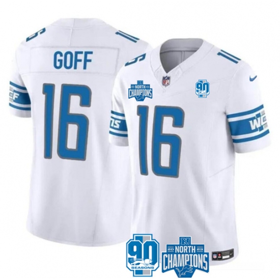 Men's Detroit Lions #16 Jared Goff White 2023 90th Anniversary North Division Champions Limited Stitched Jersey - Ujersey