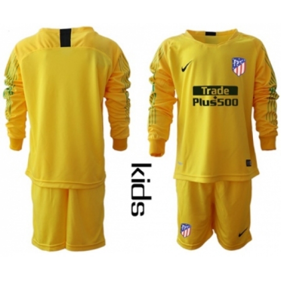 Atletico Madrid Blank Yellow Goalkeeper Long Sleeves Kid Soccer Club Jersey