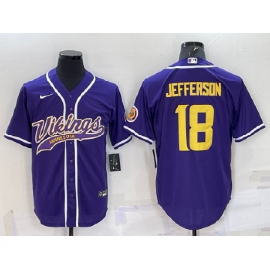 Men's Minnesota Vikings #18 Justin Jefferson Purple Yellow With Patch Cool Base Stitched Baseball Jersey - Ujersey