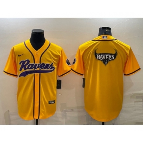 Men's Baltimore Ravens Yellow Team Big Logo With Patch Cool Base Stitched Baseball Jersey - Ujersey
