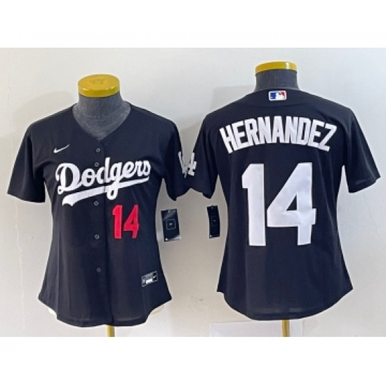 Women's Nike Los Angeles Dodgers #14 Enrique Hernandez Number Black Stitched Cool Base Jersey - Ujersey