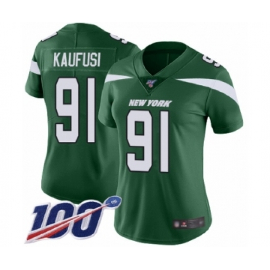 Women's New York Jets #91 Bronson Kaufusi Green Team Color Vapor Untouchable Limited Player 100th Season Football Jersey - Ujersey