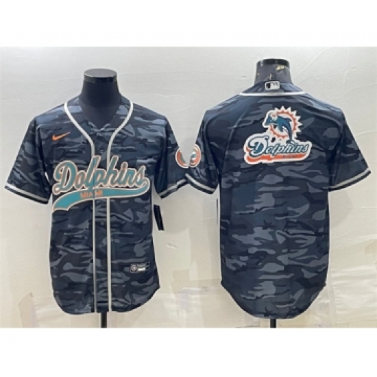 Men's Miami Dolphins Gray Camo Team Big Logo With Patch Cool Base Stitched Baseball Jersey - Ujersey