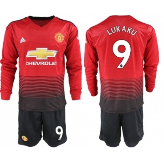 Manchester United #9 Lukaku Red Home Long Sleeves Soccer Club Jersey
