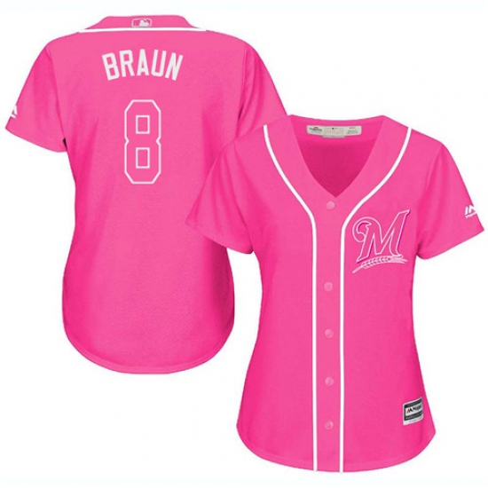 Women's Majestic Milwaukee Brewers #8 Ryan Braun Authentic Pink Fashion Cool Base MLB Jersey - Ujersey