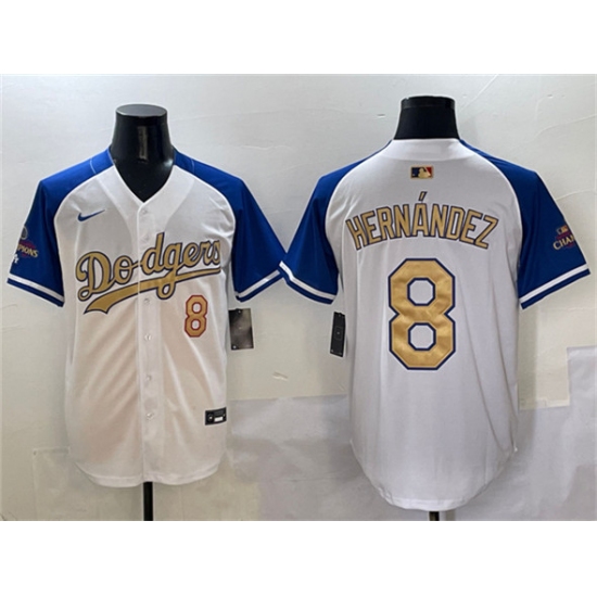 Men's Los Angeles Dodgers #8 Enrique Hernandez White Royal Gold 2024 World Series Champions Vapor Limited Stitched Baseball Jersey - Ujersey