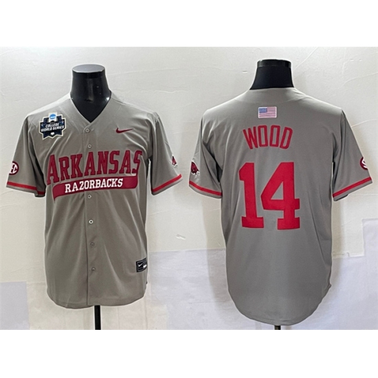 Men's Arkansas Razorbacks #14 Gage Wood Grey 2025 World Series & SEC Patch Stitched Jersey - Ujersey
