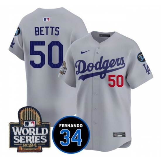 Men's Los Angeles Dodgers #50 Mookie Betts Grey 2024 World Series With Fernando Memorial Limited Stitched Baseball Jersey - Ujersey